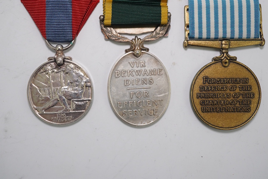 Three assorted medals; GVI (B) Union of South Africa Efficiency medal to S/Sgt.L.Gray S.A.C.S.; GV Imperial Service medal to George Moffatt; United Nations Korea medal. Condition - fair to good.